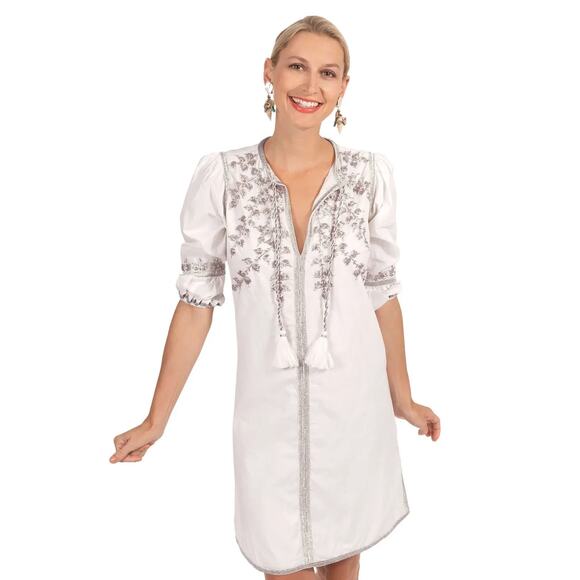 Gretchen Scott Beaded Embroidered Cotton Cleopatra Dress Sz S Beach Tassel Boho - Picture 1 of 12